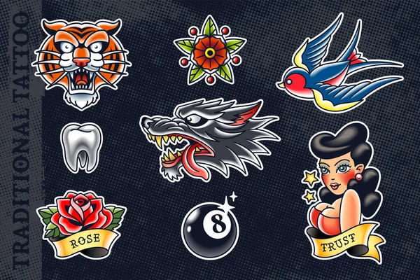 Conjunto Ilustrações Tatuagem Velha Escola Mais Populares Tigre Flor Pássaro —  Vetores de Stock