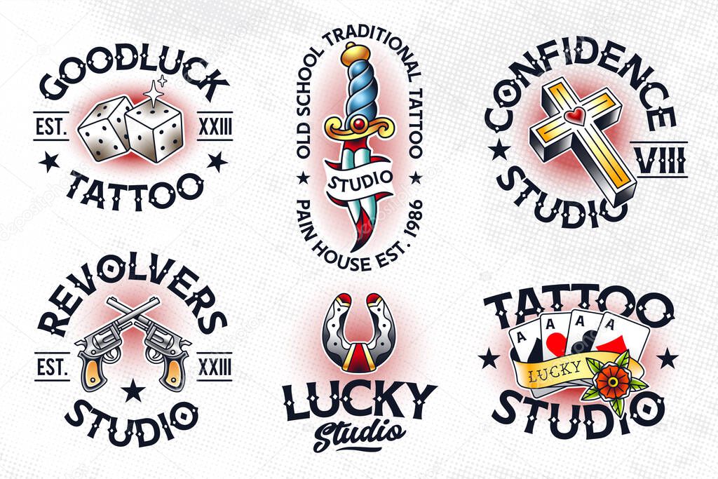 Set of vector traditional tattoo style emblems. Old school tattoo logo templates. Great for tattoo studio design, t-shirt prints, stickers and etc. EPS10 vector illustrations.