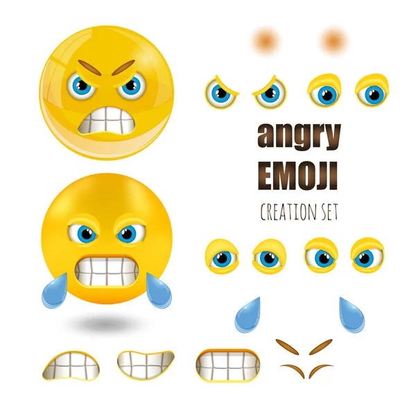 Žlutá naštvaný smajlík emotikony set, emoji, vektorové ilustrace. — Stockový vektor