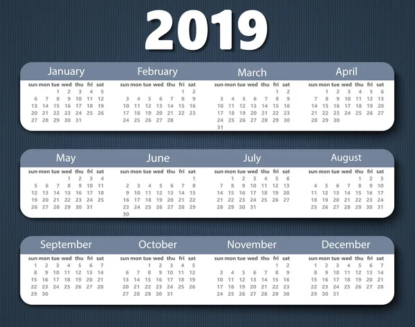 Calendrier 2019 année vectoriel modèle de conception. Semaine débutant le dimanche — Image vectorielle