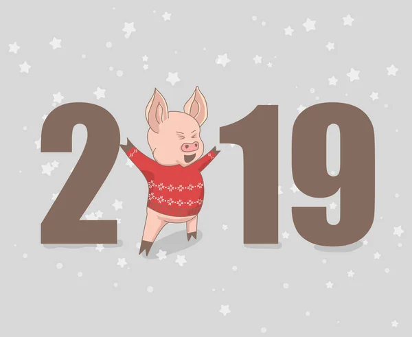 Векторная иллюстрация, с Новым 2019 годом смешной дизайн карты с мультяшной свиньей — стоковый вектор