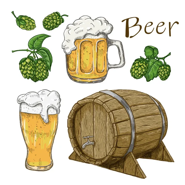 Sketches of hop plant, wood barrel and beer mugs — Stock Vector