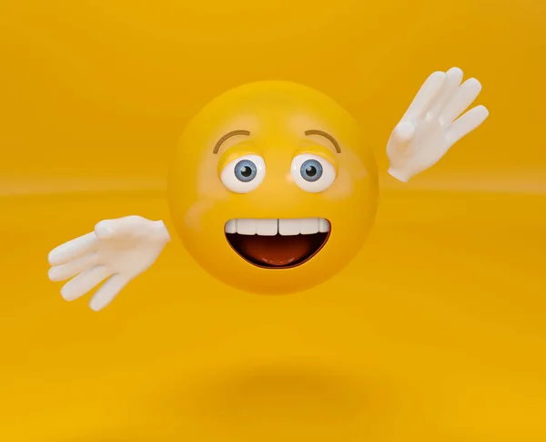 Apresentando emoji em fundo laranja, cumprimentando emoticon — Fotografia de Stock
