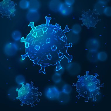 Coronavirus Hücreleri veya Bakteri Molekülü. Virüs COVID 19 Hücre Küre şeklinde. Koyu arkaplanda Mavi Renklerle Soyut Resimler
