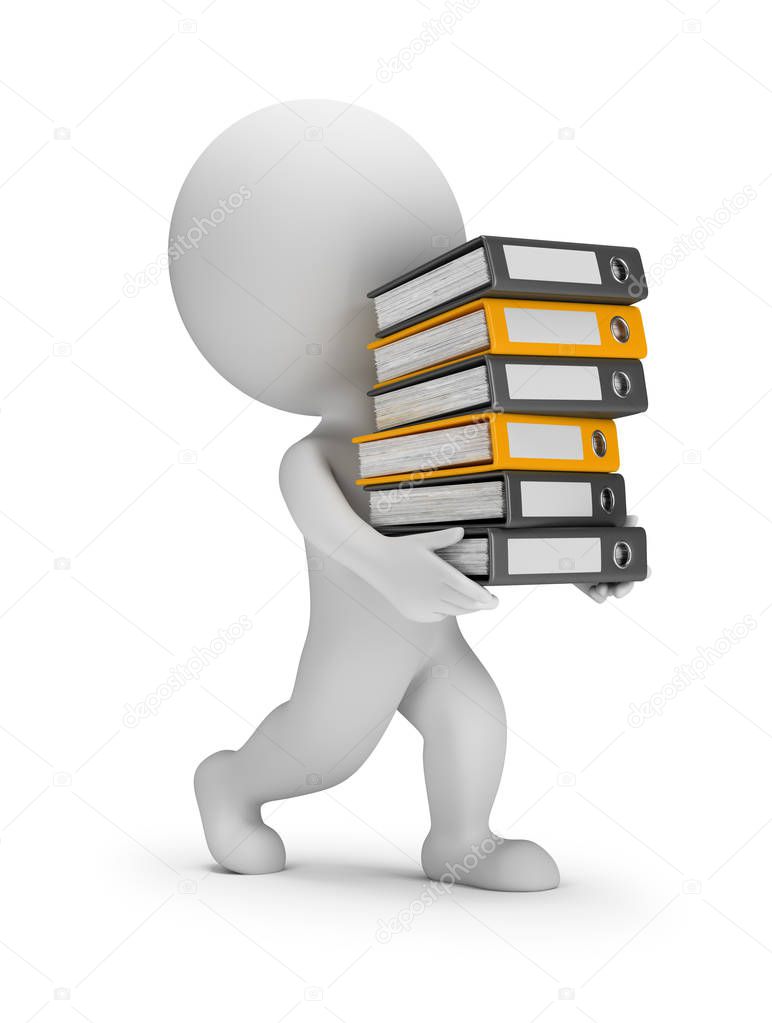 3d small person carries a stack of folders. 3d image. White background.