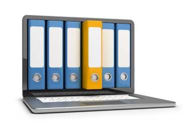 Arşiv klasörleri laptop ekranında. 3D görüntü. Beyaz arka plan.