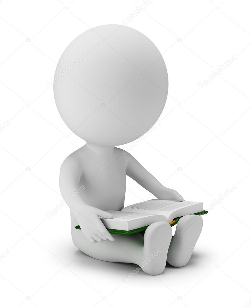 3d small person is reading a book. 3d image. White background.