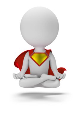 3D küçük kişi - Süpermen bir lotus pozisyonda havalanır. 3D görüntü. Beyaz arka plan.