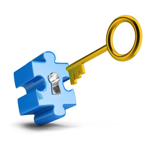 Arany Kulcs Megnyitja Kék Puzzle Kép Fehér Háttér — Stock Fotó