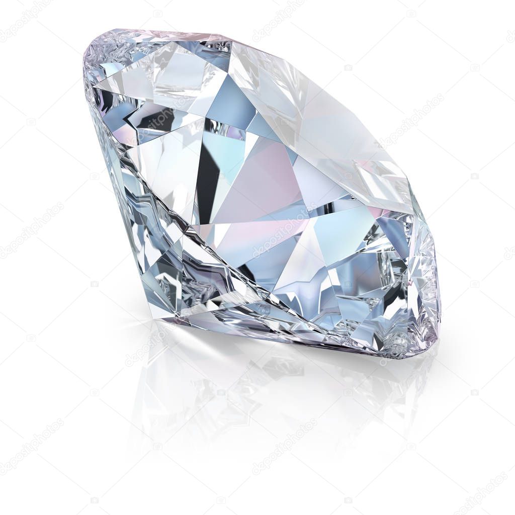 A beautiful sparkling diamond on a light reflective surface. 3d image. White background.