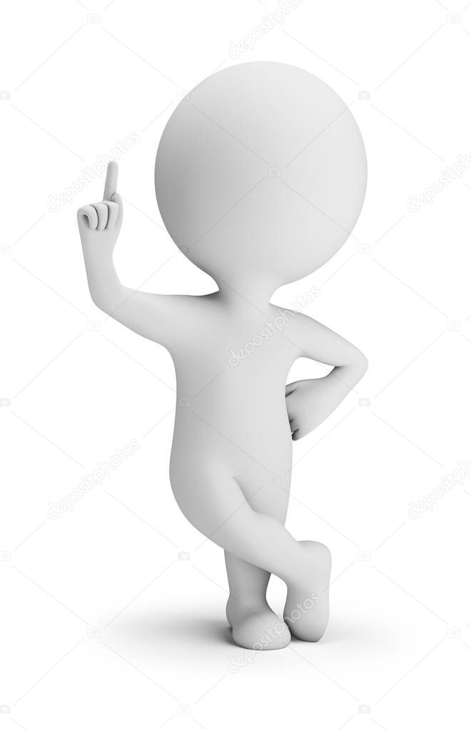 3d small person in a confident pose with a raised finger. 3d image. White background.
