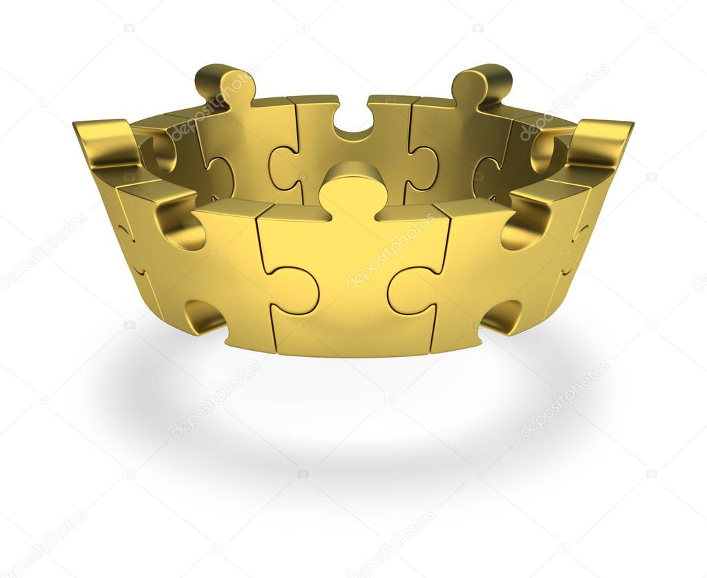 Golden puzzle crown. 3d image. White background.