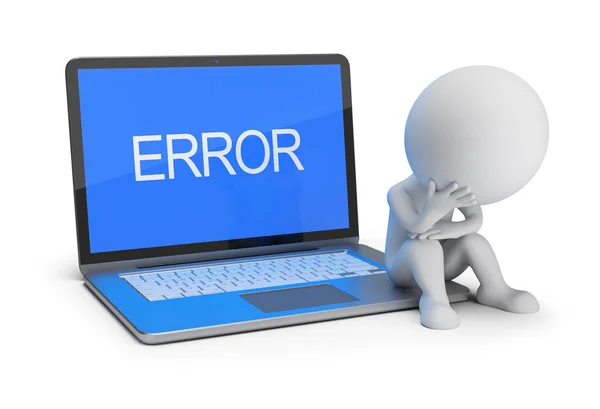 Pessoa Pequena Está Sentado Laptop Com Inscrição Error Imagem Fundo — Fotografia de Stock