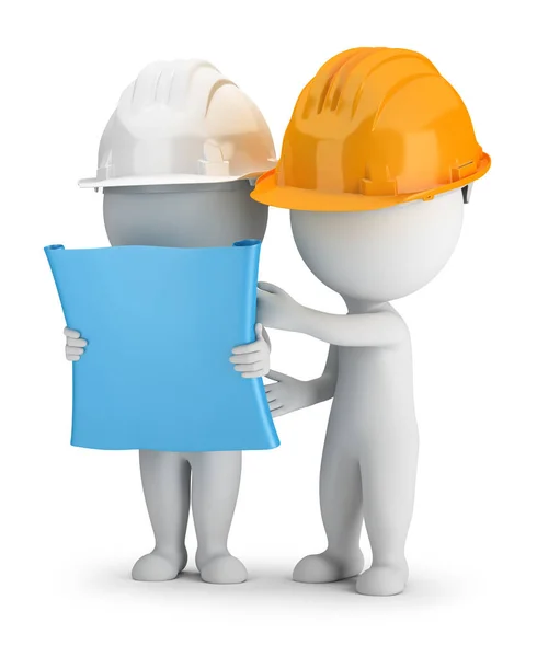 Små Människor Två Byggare Diskutera Planen Bild Vit Bakgrund — Stockfoto