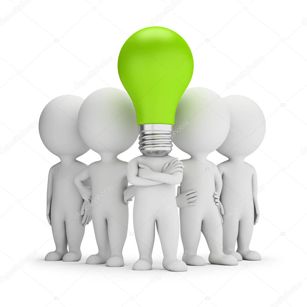 3d small people - leader on the ideas of the team. 3d image. White background.