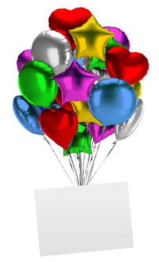 Boş bir yönetim kurulu ile balonlar demet. 3D görüntü. İzole beyaz arka plan.