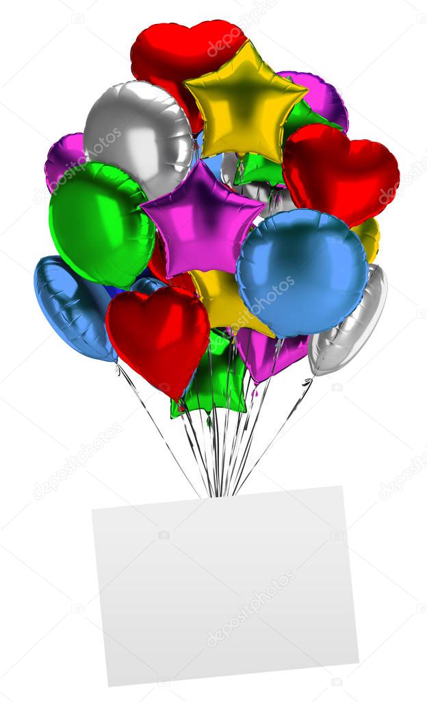 Bunch of balloons with an empty board. 3d image. Isolated white background.