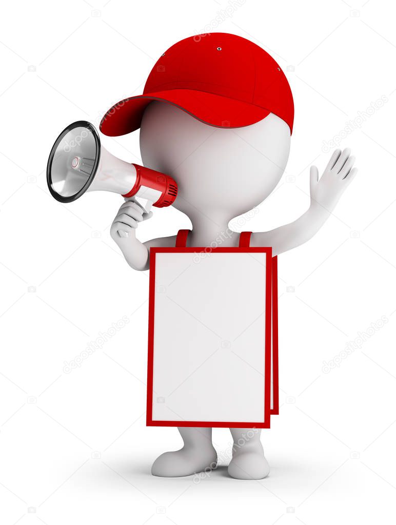3d small person with megaphone and advertisement. 3d image. White background.