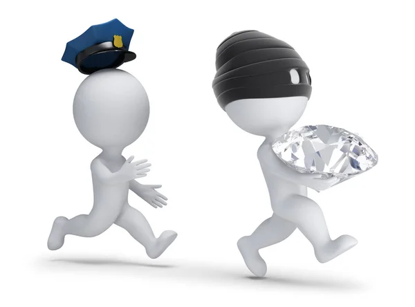 Pessoas Pequenas Ladrão Roubou Diamante Foge Policial Imagem Fundo Branco — Fotografia de Stock