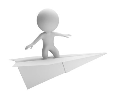 Kağıt uçağa uçan 3d küçük kişi. 3D görüntü. İzole beyaz arka plan.