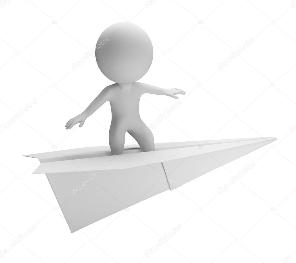 3d small person flying on a paper plane. 3d image. Isolated white background.