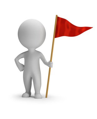 Kırmızı bayrağı olan üç boyutlu küçük bir adam. 3 boyutlu görüntü. Beyaz arkaplan.