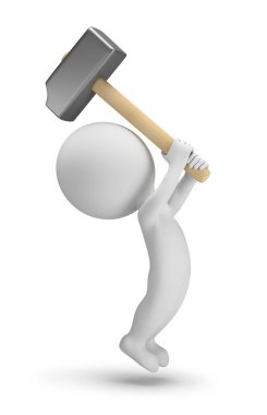 3 boyutlu küçük insanlar, çekiç sallıyorlar. 3 boyutlu görüntü. Beyaz arkaplan.