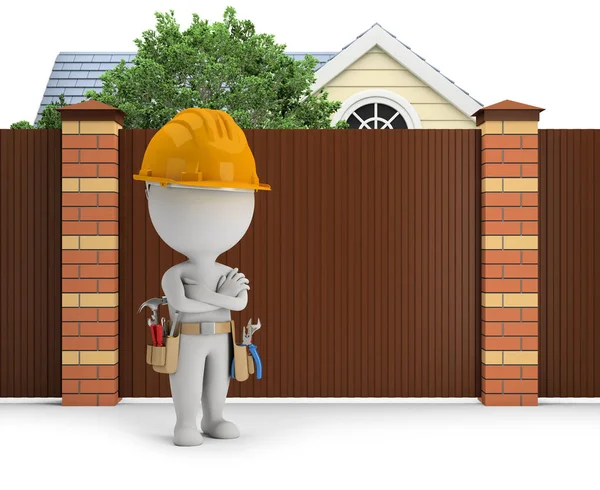 Small People Repairman Stands Next Fence Background Cottage Tree Image — Stock Photo, Image