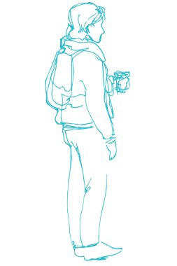 Genç bir adam ayakta ve kahve içme vektör çizimi