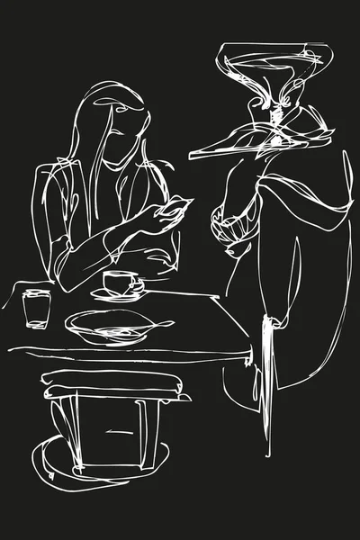 Croquis Vectoriel Une Jeune Fille Une Table Dans Café Avec — Image vectorielle