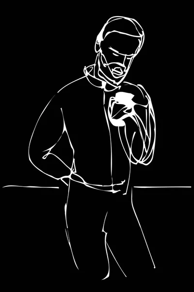 黑色和白色矢量素描一个男人的胡子看着电话 — 图库矢量图片