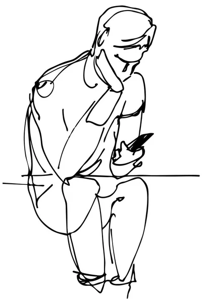 Boceto Vectorial Blanco Negro Hombre Sentado Mirando Teléfono — Vector de stock