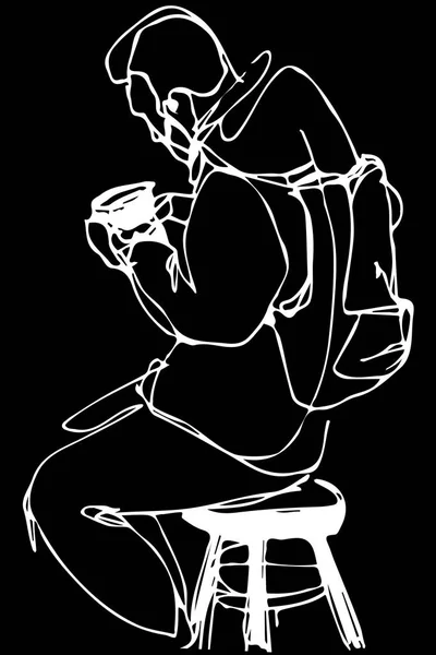 コーヒー飲んで椅子にひげを持つ男の黒と白のベクトル スケッチ — ストックベクタ