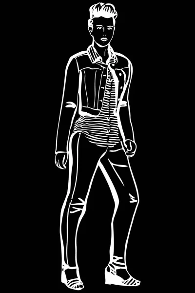 Dibujo Vectorial Blanco Negro Una Chica Con Una Camiseta Rayas — Vector de stock