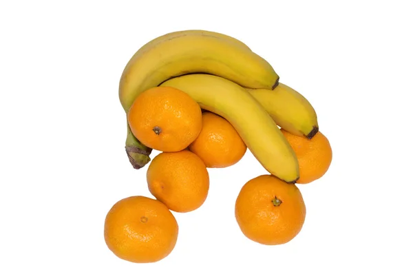 Beeld Van Rijpe Mandarijnen Bananen Geïsoleerd Witte Achtergrond — Stockfoto