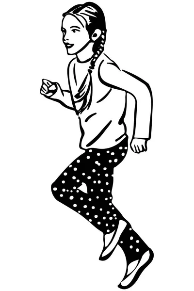 Чорно Білий Векторний Ескіз Дівчинка Біжить Грати — стоковий вектор