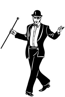 black and white vector sketch of a male magician in a tuxedo wearing a bowler hat dancing