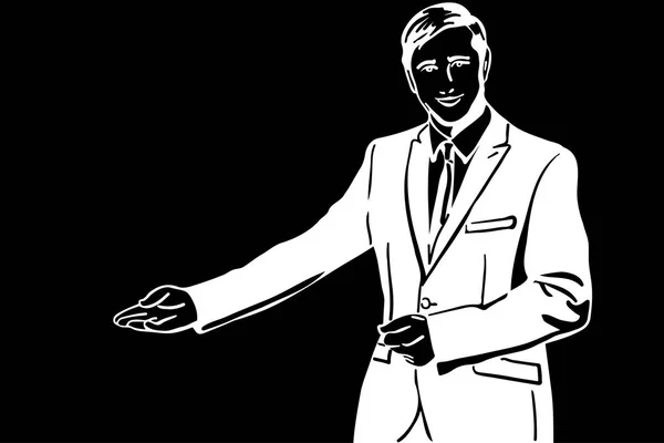 Disegno Vettoriale Bianco Nero Uomo Giacca Cravatta Invita Con Mano — Vettoriale Stock