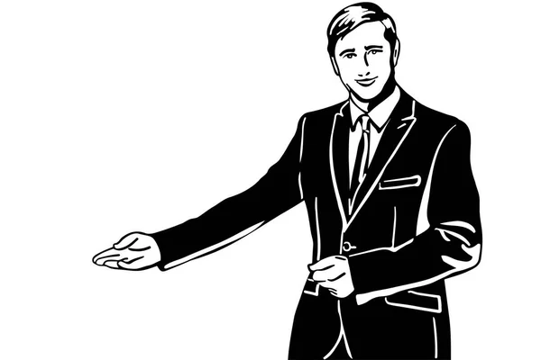 Schwarz Weiße Vektorskizze Eines Mannes Anzug Lädt Mit Der Hand — Stockvektor