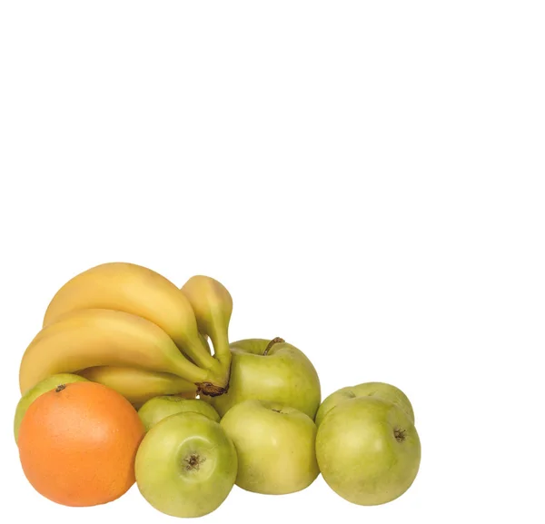 Kép Gyümölcs Banán Orange Zöld Alma Fehér Háttér — Stock Fotó
