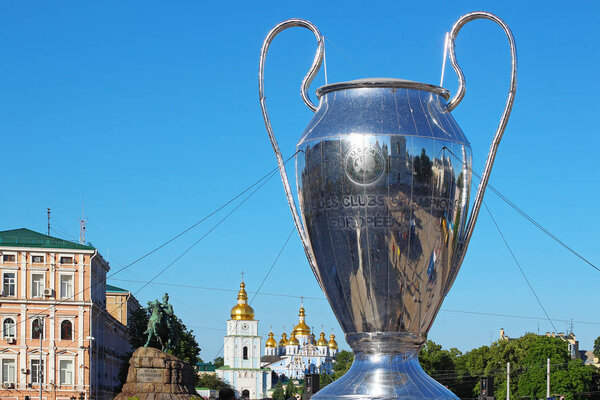 KYIV, UKRAINE - MAY 26, 2018:  Big copy of UEFA Champions League Cup on Sophia square in Kyiv