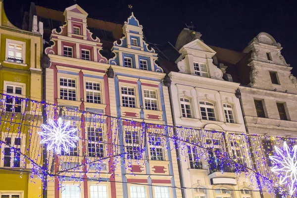 Belle Vecchie Case Con Decorazioni Vacanze Sulla Piazza Centrale Breslavia — Foto Stock