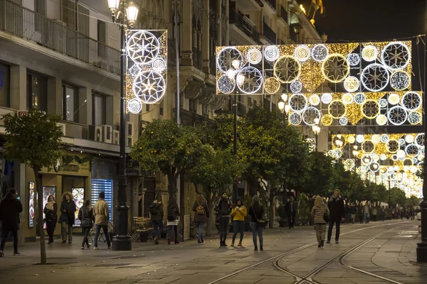 Seville España Diciembre 2017 Decoraciones Navideñas Iluminadas Sobre Avenida Constitución — Foto de Stock