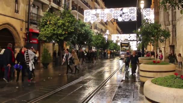 Sevilla Španělsko Prosince 2017 Lidí Kteří Jdou Constitution Avenue Osvětleným — Stock video