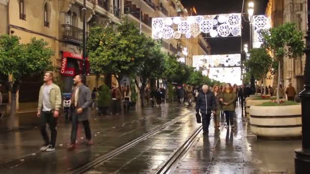 西班牙塞维利亚 2017年12月15日 人们走在宪法大道上 在塞维利亚市中心有灯火通明的节日装饰 — 图库视频影像