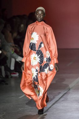 Kiev, Ukrayna - 2 Şubat 2019: Larisa Lobanova toplama göstermek sırasında Ukrayna moda haftasında 19-20 Mystetsky Arsenal Kyiv