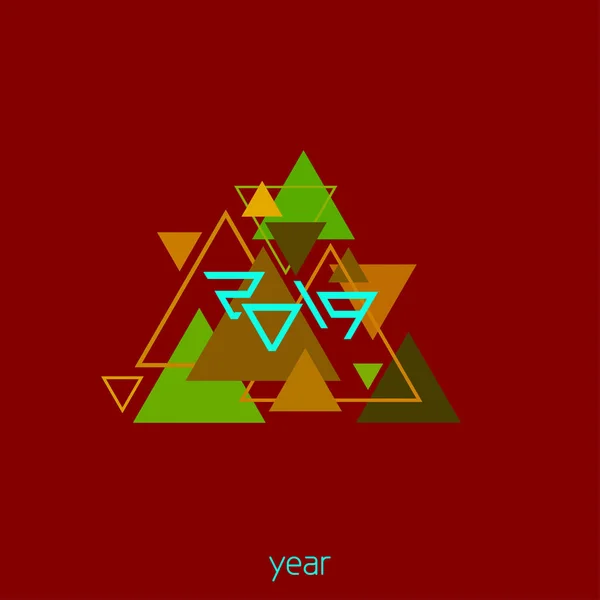 えび茶色の背景に様式化された 2019年碑文とオリーブの三角形の単純な幾何学的なパターンのテンプレートです ベクトル — ストックベクタ