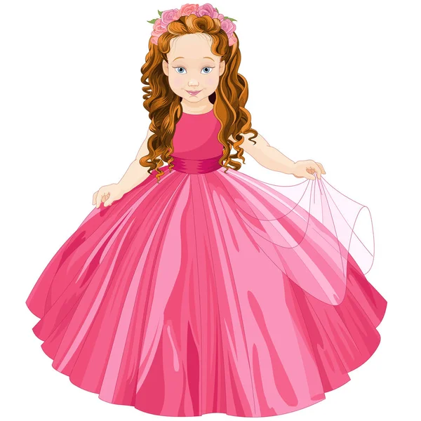 Дівчина Довгим Коричневим Волоссям Пишній Рожевій Сукні Трояндовому Вінку — стоковий вектор
