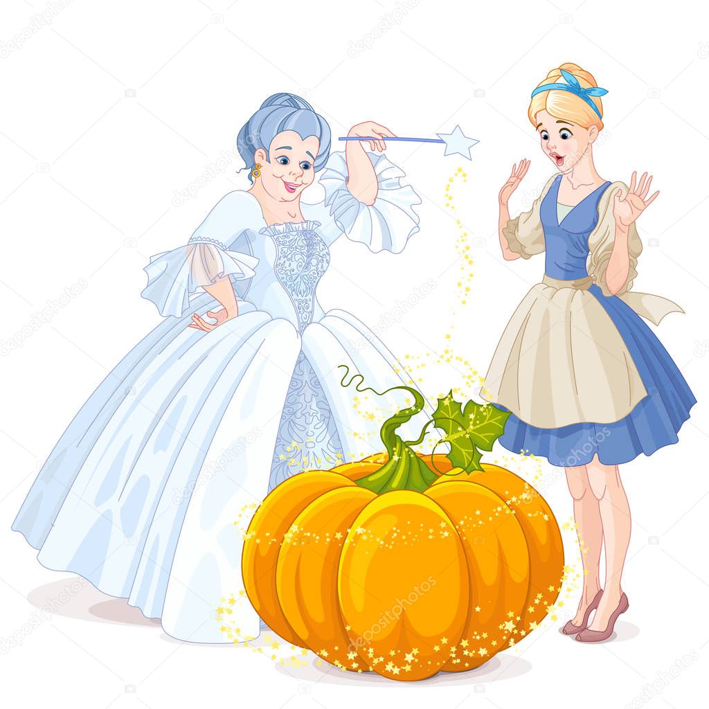 Cinderella standing near big pumpkin and fairy with magic wand