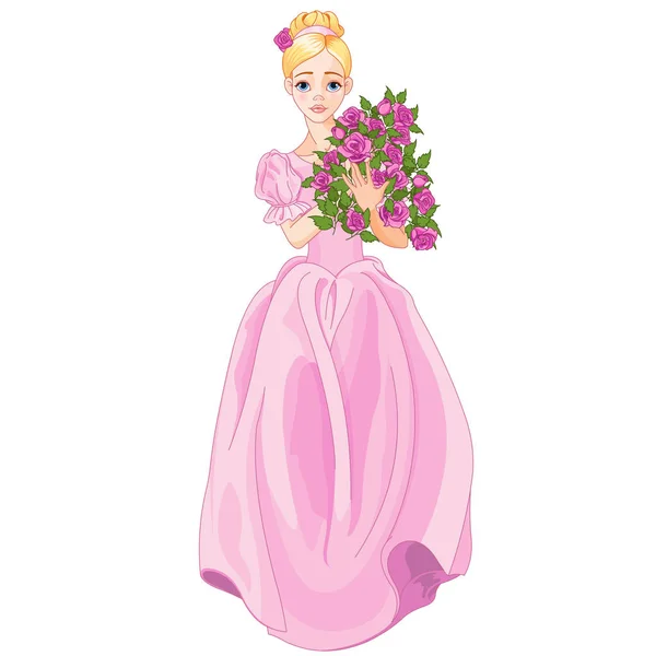 Niña Vestido Rosa Con Flores Aisladas Sobre Fondo Blanco — Vector de stock